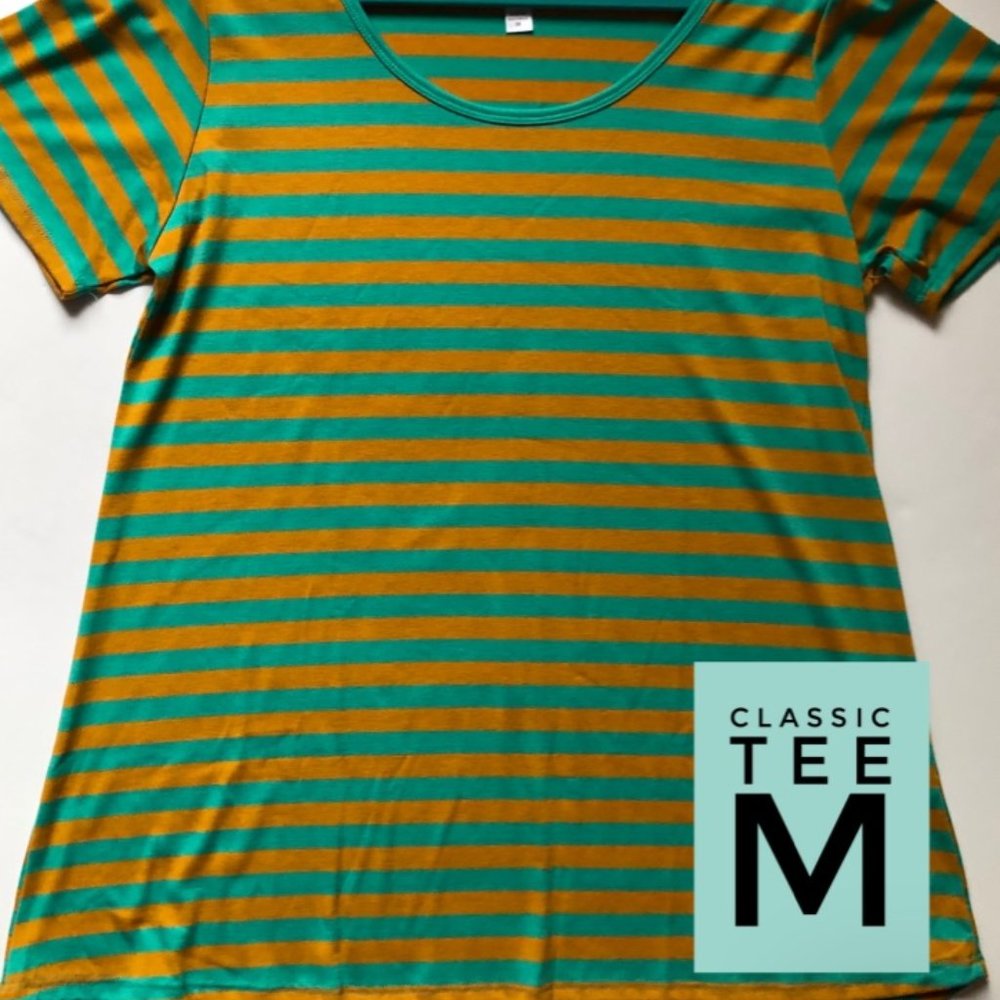 LuLaRoe Class Tee, Teal and Gold Stripe, Size Medium